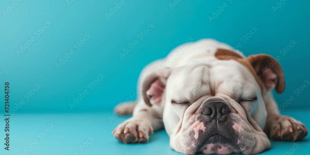 Sleeping Bulldog Lying Down on Blue Background