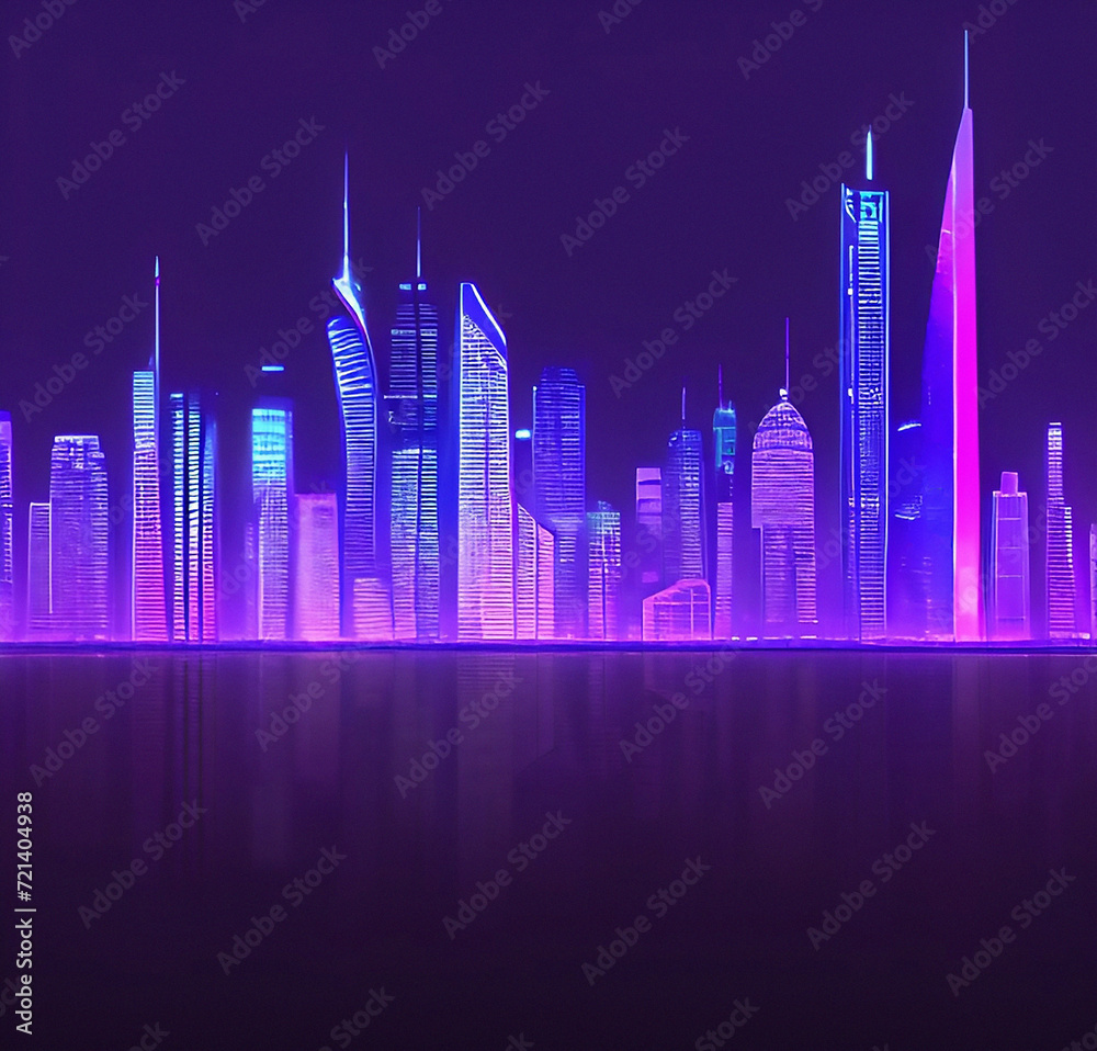 City skyline in night. Abstract background with lights. Futuristic template with copy space. Flyer, card design. Banner for presentation or product.