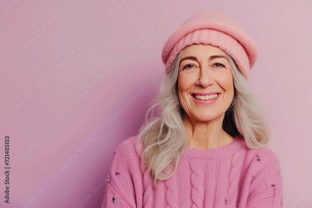Sophisticated Joy: Grinning Woman in Mauve Tones Sophisticated Joy: Grinning Woman in Mauve Tones