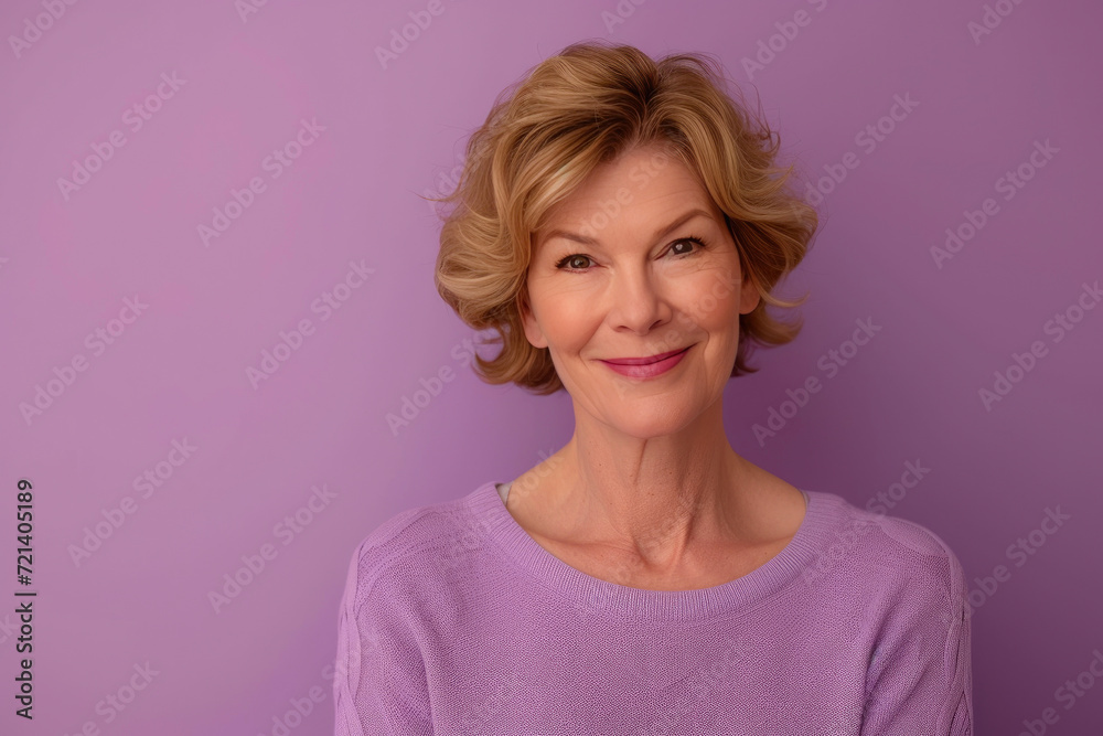 Elegant Grinning Lady in Soft Violet Atmosphere Elegant Grinning Lady in Soft Violet Atmosphere