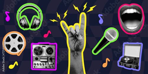 music set with halftone collage elements audio reel-to-reel tape recorder headphone sign of the horns hand microphone singing mouth vinyl player on dark checkered background