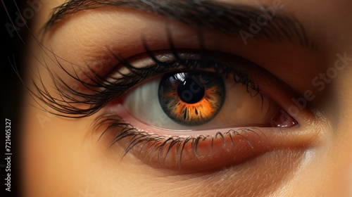 Close-up of a beautiful girl's eye with perfect skin eyebrows and eyelashes.