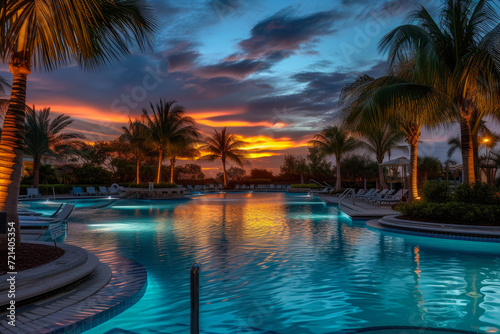 Dusk Delight: Pool and Palm Panorama © Andrii 