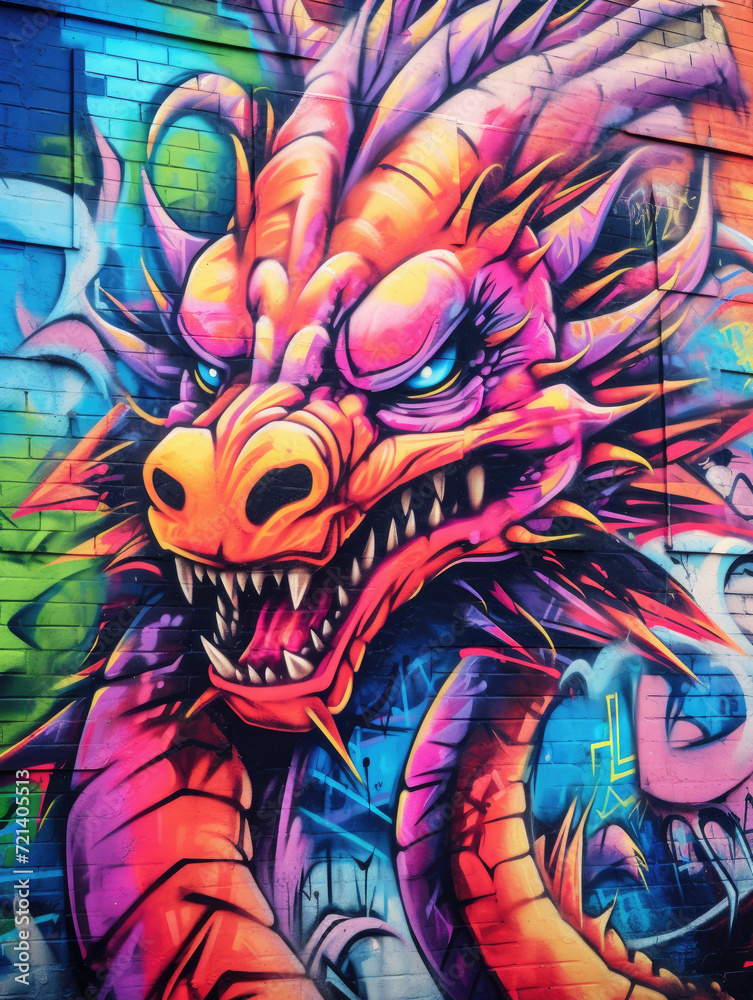 Naklejka premium The evil dragon with watercolor splashes in the style of pop art, сolorful, vivid