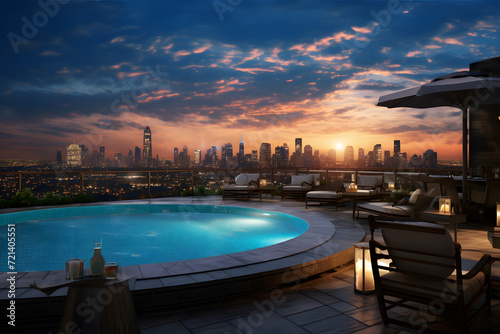 Rooftop Pool and Bar with Skyline Panorama © sugastocks