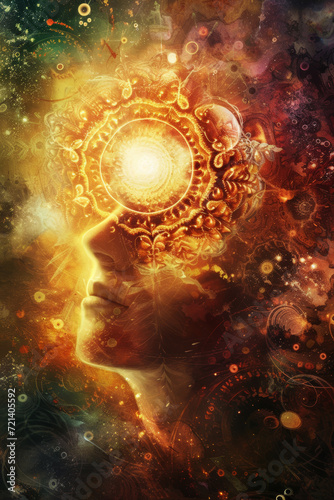Spiritual Awakening and Cosmic Consciousness. Artistic representation of a human profile with cosmic and spiritual motifs.