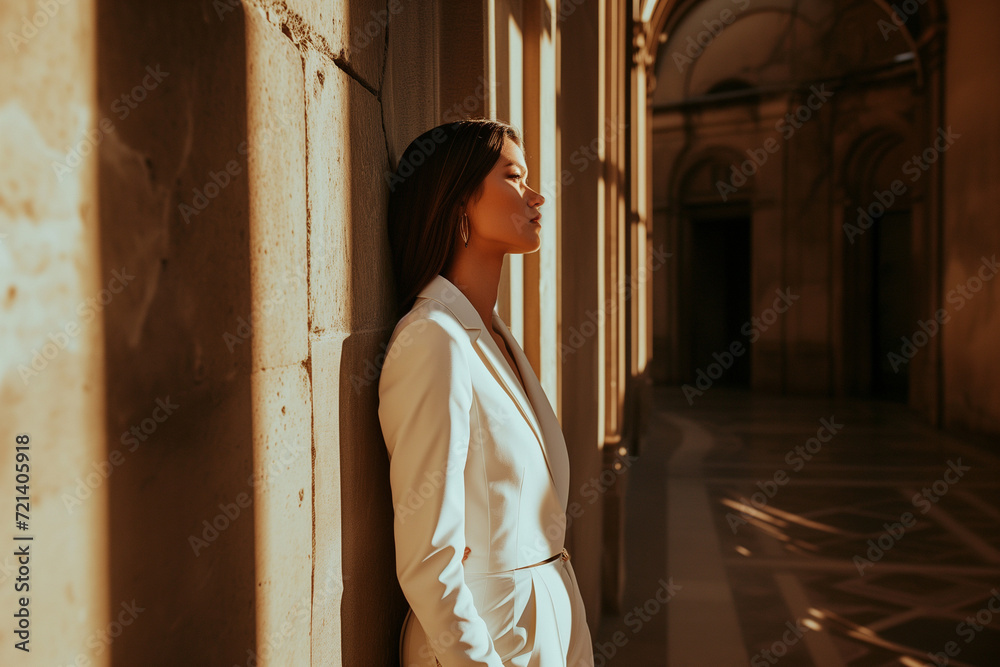 woman is standing in a hallway in white suit