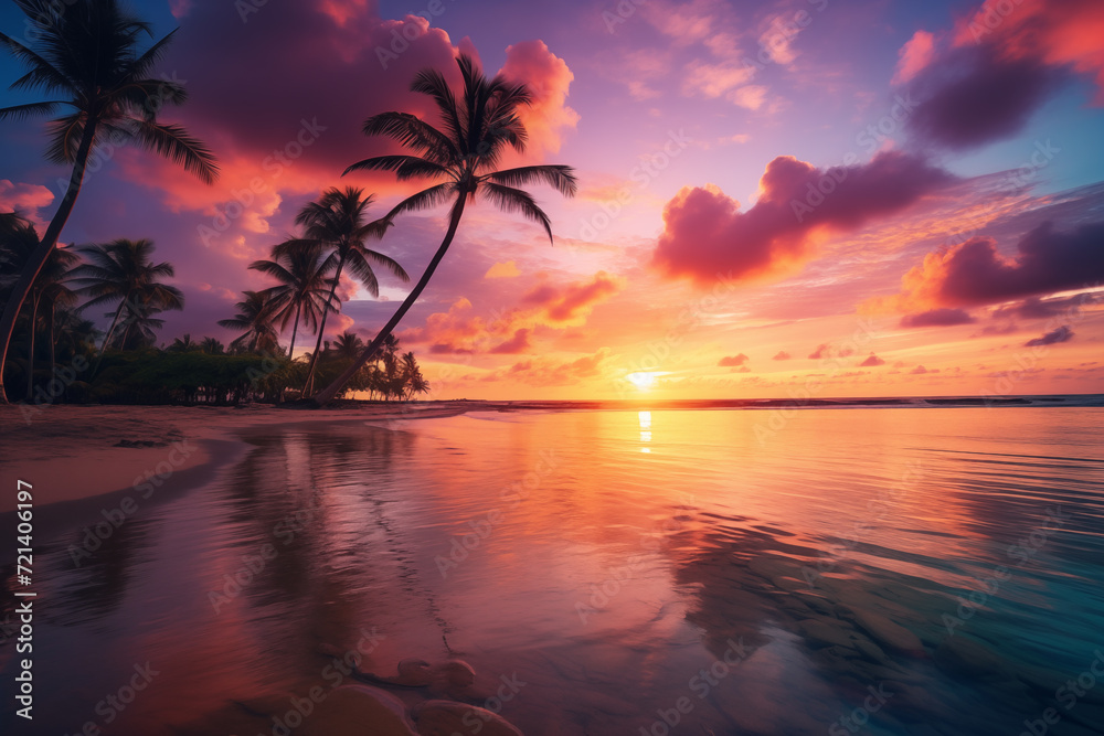 Serene tropical beach sunset with palm trees and reflections.