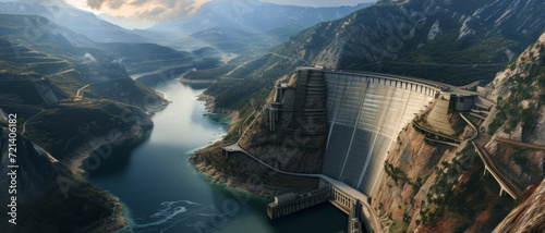 Majestic dam curves across a river gorge, a marvel of engineering amidst the grandeur of mountainous terrain