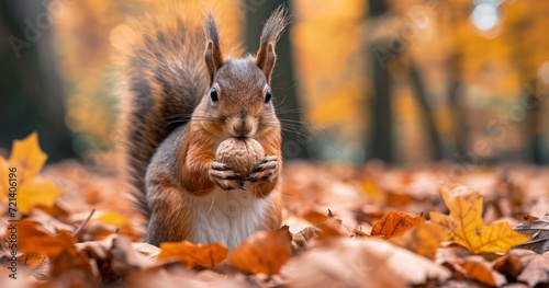 A Squirrel s Delight in Holding a Nut Amidst the Forest s Fall Splendor