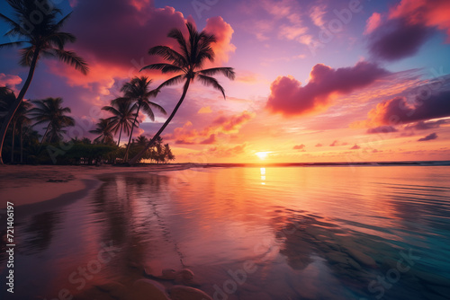 Serene tropical beach sunset with palm trees and reflections.