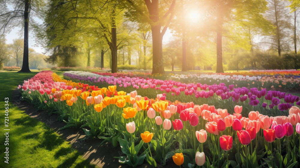 Colorful tulips in bloom with sunshine in serene park. Bright Spring Tulip Garden with Sunlight