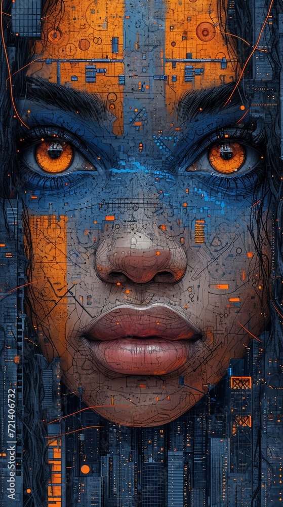 Portrait of a beautiful african american woman with futuristic face art. AI.