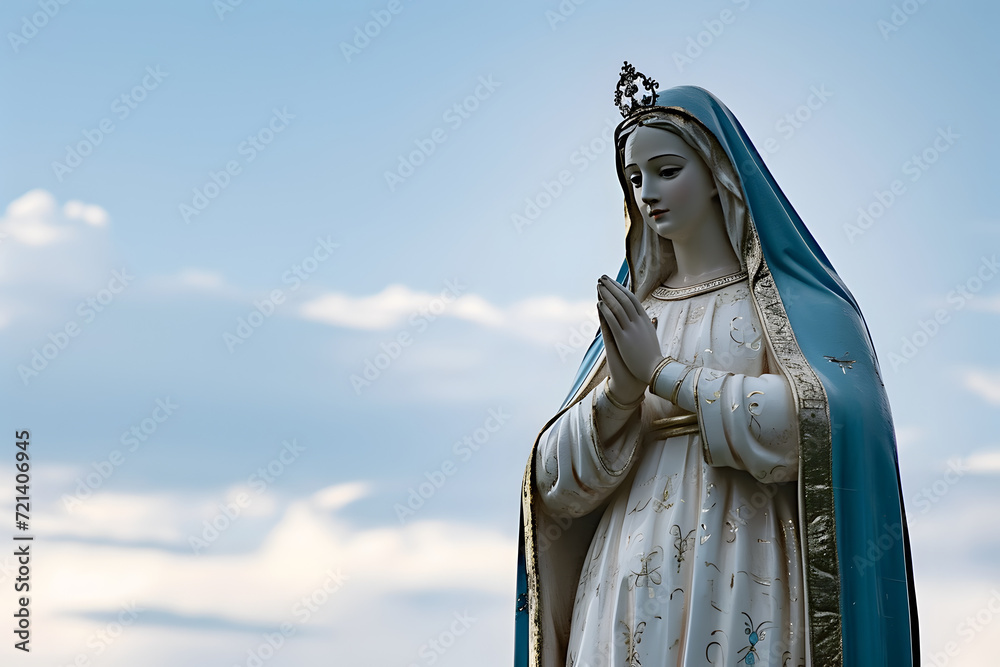 Our lady of grace, blessed Virgin Mary against background of sky with clouds