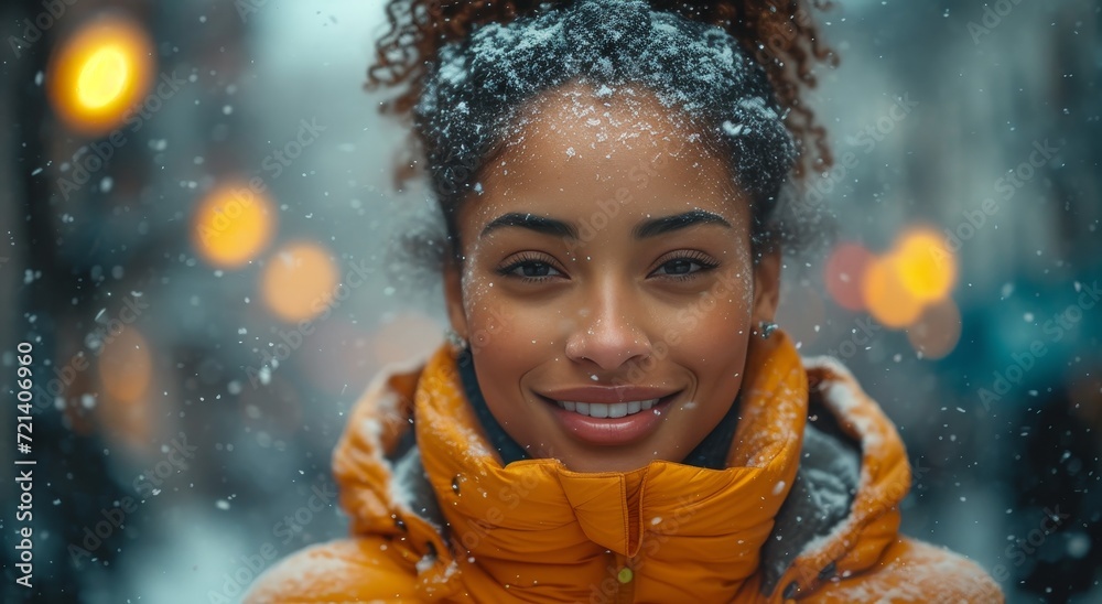 A beaming woman, bundled in a bright yellow coat, stands outdoors in the snow with a glowing smile on her face, capturing the essence of youth and winter wonder