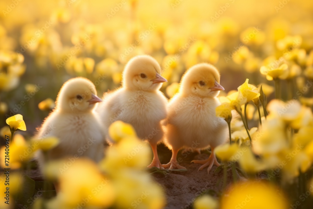 baby chicks flocking to eachother in a field of yellow flowers