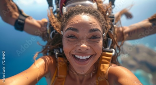 A joyful girl captures the moment with a bright smile as she takes a fun outdoor selfie while swimming, showcasing the beauty of the human face
