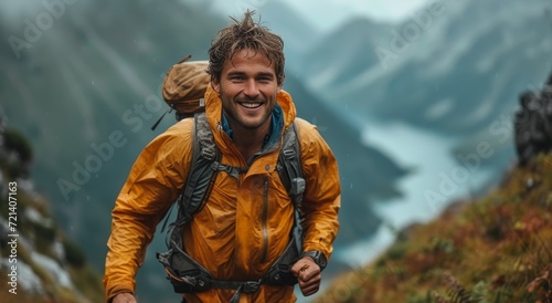 A rugged adventurer braves the elements with a smile, standing tall in his rain-soaked jacket amidst the foggy mountain landscape, ready for his next outdoor journey