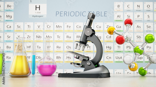 Chemistery laboratory with microscope, molecule model and glass lab eqipment on the table. Periodic table on the background. 3D illustration photo