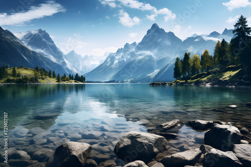 Serene lake surrounded by mountains background photo