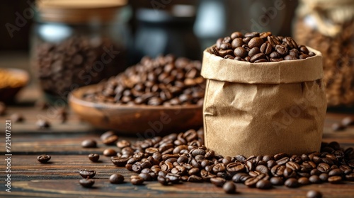 Freshly Roasted Coffee Beans in a Rustic Kraft Paper Bag - Aromatic Delight for Coffee Lovers