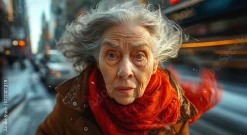 A vibrant woman with a red scarf embraces the beauty of aging as she walks down the bustling street, her face adorned with the lines of a life well-lived