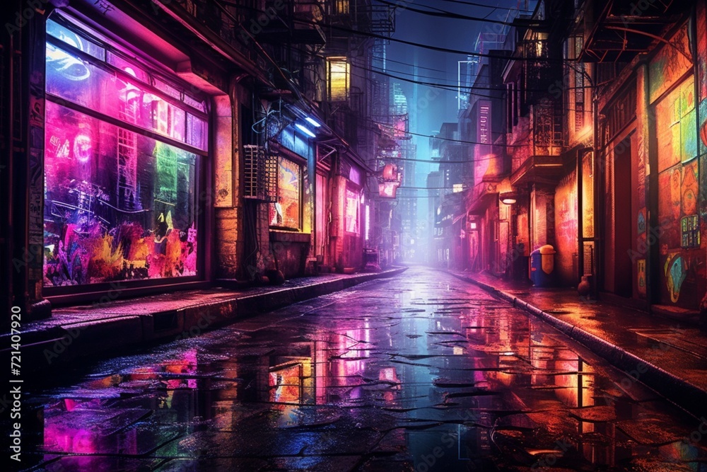 An alleyway adorned with neon signs, creating a labyrinth of colors and reflections in the heart of the city.