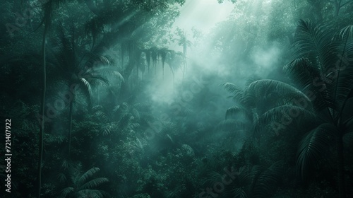 Exotic foggy forest. Jungle panorama  forest oasis. Foggy dark forest. Natural forest landscape. 3D illustration.