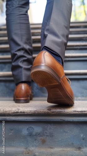 Close up of a businessman's feet sprinting up the stairs to his office.