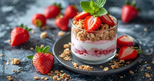 A Harmonious Blend of Fresh Fruits, Cream, and Strawberries for a Delightful Breakfast Treat