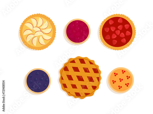 Different homemade pies cartoon vector illustration set, top view. Traditional American apple pie, Сharlotte. Sweet cake with apples, strawberry, raspberries, blueberry.
