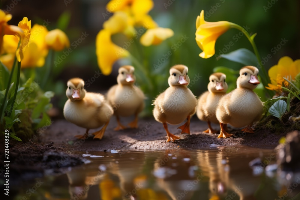 ducklings are running over some flowers