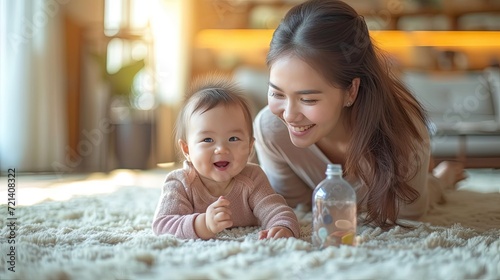 Asian mother playing with her baby.Generative AI