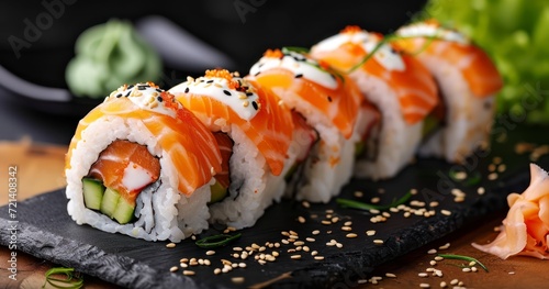 A Delectable Sushi Dinner with Salmon Rolls, Avocado, and Fresh Seaweed on Fluffy Rice
