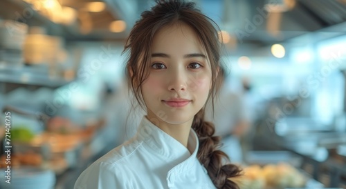 A young woman with a determined expression and raised eyebrow stands proudly in front of a bustling kitchen  dressed in a crisp white chef coat
