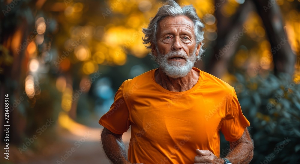 A vibrant man in an orange shirt sprints through a serene outdoor landscape, his determined human face focused on the path ahead as the bright yellow trees blur by in a rush of movement A vibrant man in an orange shirt sprints through a serene outdoor landscape, his determined human face focused on the path ahead as the bright yellow trees blur by in a rush of movement
