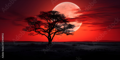 Mysterious fogshrouded landscape by a deep red blood moon with dead tree photo