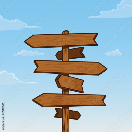 Wooden hiking trail signpost with blue sky and clouds with space for writing.
