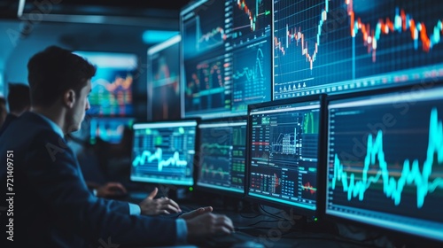 stock data monitor analyzing data stock market in monitoring room on the data presented in the chart, forex trading graph, stock exchange trading online, financial investment