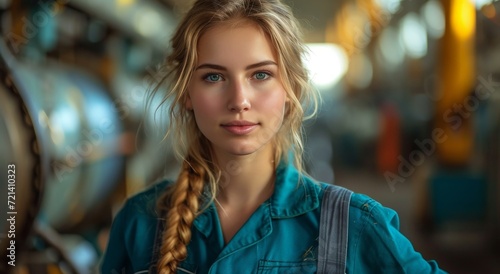 Wallpaper Mural A young woman with braided blonde hair gazes confidently at the camera, her blue clothing and fashionable style capturing the essence of youth and beauty in this stunning portrait Torontodigital.ca