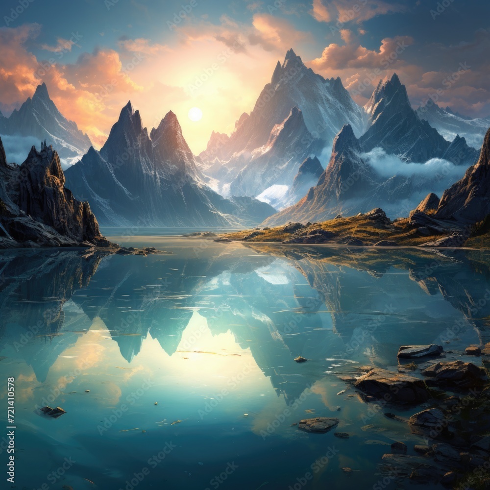 Fantasy landscape with mountains reflecting in the water