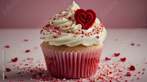 Irresistible Valentine's Day Cupcake: White Frosting with Playful Red and Pink Sprinkles.
Valentine Gift for Love. photo