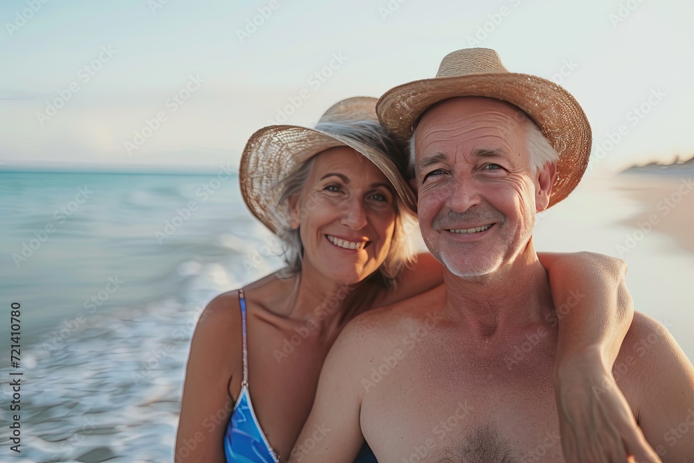 Joyful Senior Couple Beach Swimming, Healthy Elderly Happiness Vacation
