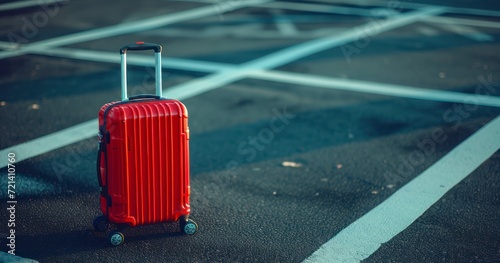 A Red Suitcase Awaiting Departure in an Outdoor Parking Lot, a Beacon of Business Travel photo