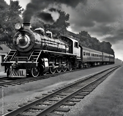 Old steam locomotive at the station in black and white with smoke