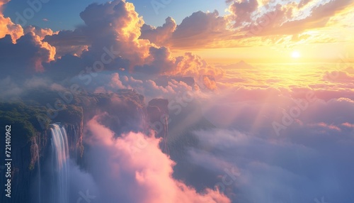 Sunrise with mountains and waterfalls. mist. Soft and dreamy. high horizon. landscapes, atmospheric clouds