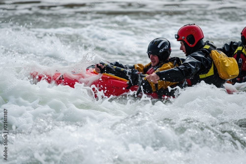 Kayaker Rescue Team Perfecting Their Skills in a Practice Session