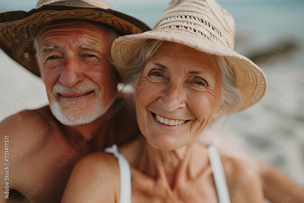 Joyful Senior Couple Beach Swimming, Healthy Elderly Happiness Vacation