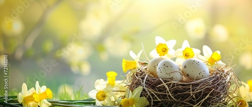 Easter holiday celebration banner greeting card banner - White yellow easter eggs in a bird nest basket and yellow daffodils flowers