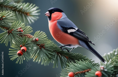 a bullfinch bird with a red breast on a spruce branch